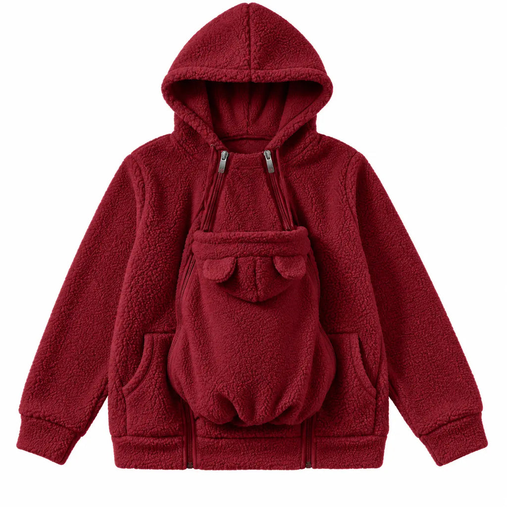Women's Fleece Hooded Maternity Jacket with Double Zippers and Front Pouch [YQT:LV-260921-002:358a282a0978812a]