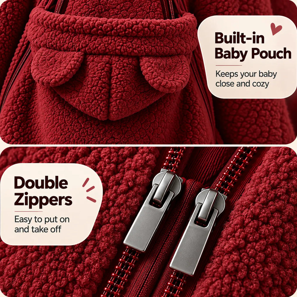 Women's Fleece Hooded Maternity Jacket with Double Zippers and Front Pouch [YQT:LV-260921-002:c2cf535e3e01cd9d]