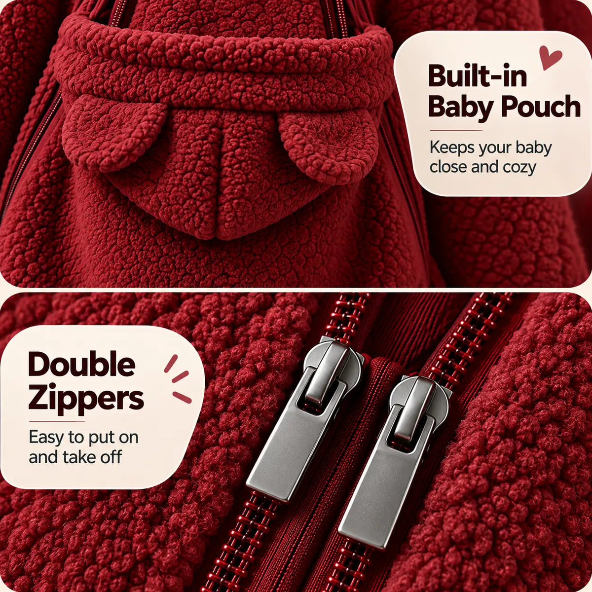Women's Fleece Hooded Maternity Jacket with Double Zippers and Front Pouch [YQT:LV-260921-002:c2cf535e3e01cd9d]