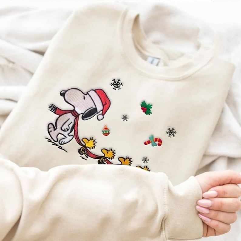 Funny Dog Woodstock Christmas Embroidered Sweatshirt, Peanuts Christmas Embroidered Sweatshirt, Christmas Embroidered Sweatshirt, Made in US